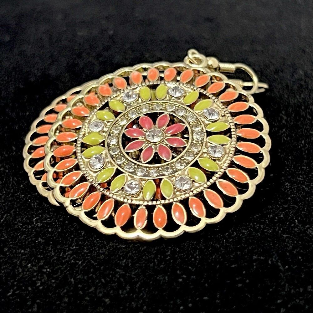 Vintage Dangle Earrings Indian Sunburst Colored Gold Summer Floral Bright‎